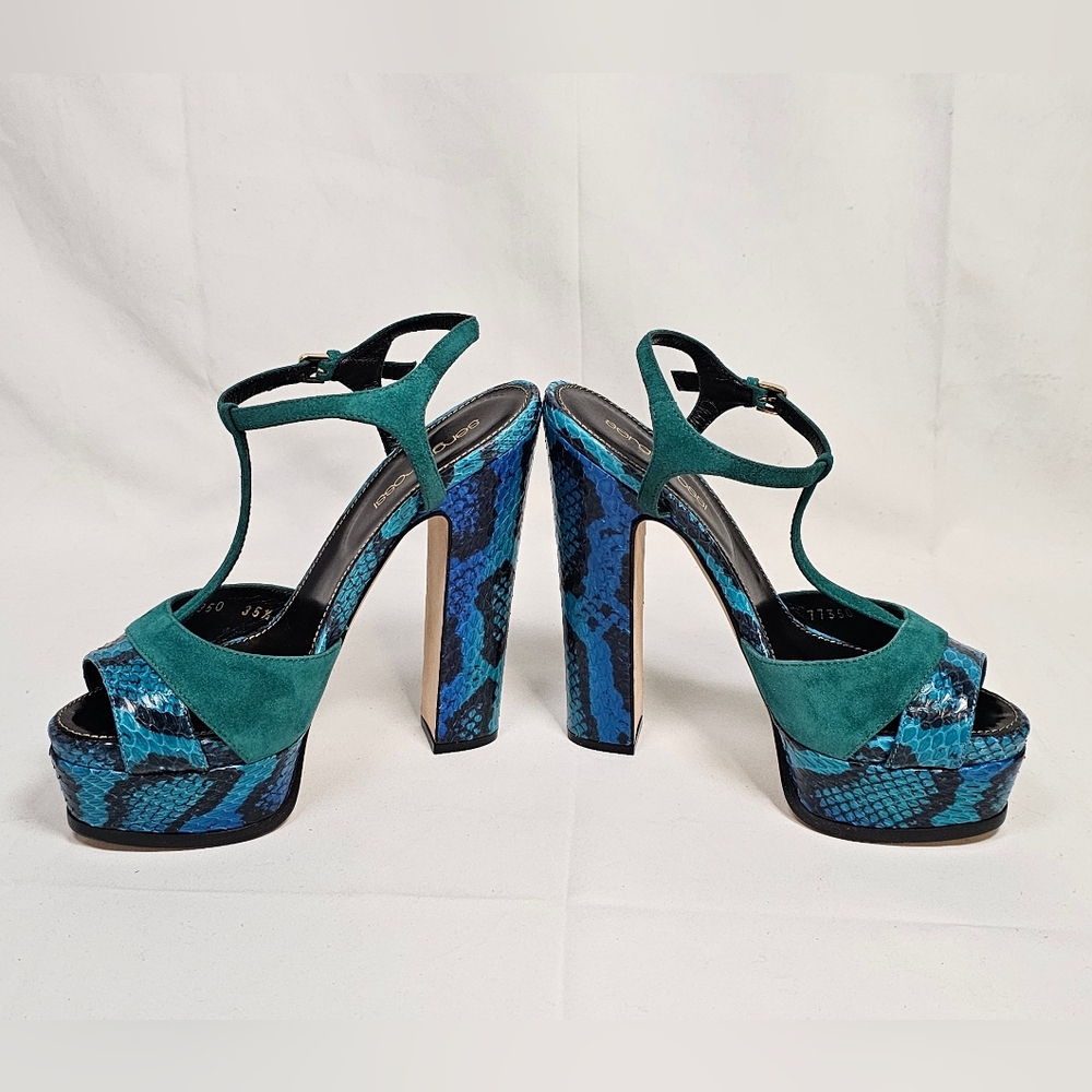 Sergio Rossi Elaphe Blue/Green Suede and Python Leather Platform Size US 5.5 - Picture 6 of 16